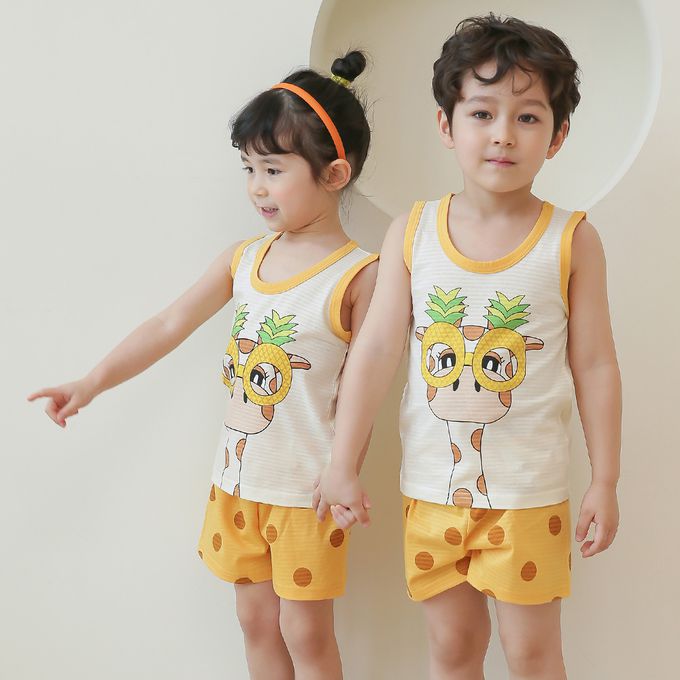 正韓 Puco - 超優質嬰幼兒/兒童無袖100% 有機棉家居服/睡衣-我愛長頸鹿