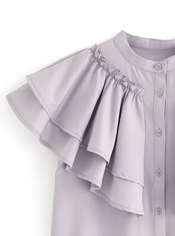 日本 GRL - 夢幻荷葉領層次短袖襯衫-深藍 (F)