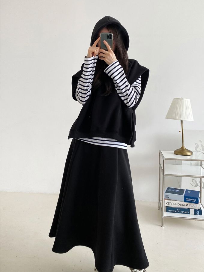 韓國女裝連線 - 休閒風連帽背心長裙套裝-黑 (FREE)