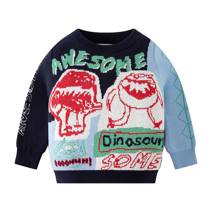 純棉圓領針織長袖上衣-抽象風恐龍-深藍+藍