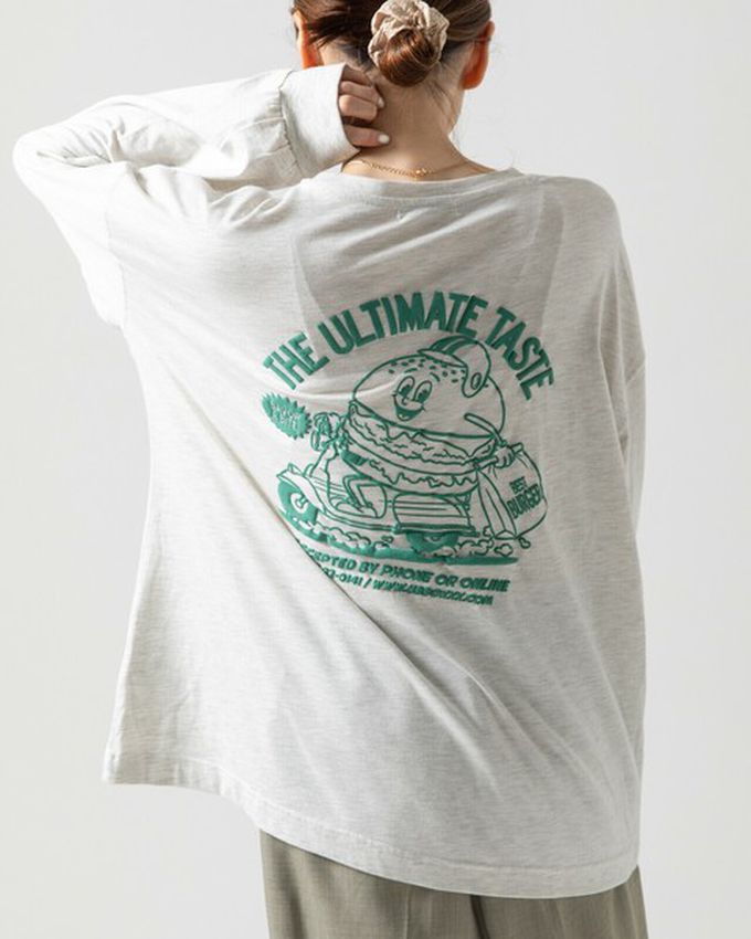 日本 gleam - 俏皮美式漢堡泡棉印花長袖T恤-煙燻藍