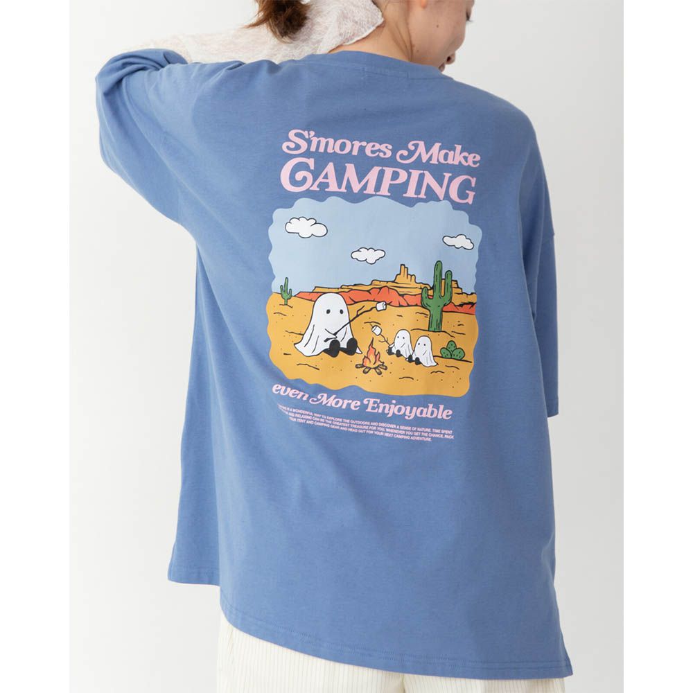 俏皮露營幽靈印花寬大風短袖T恤-煙燻藍