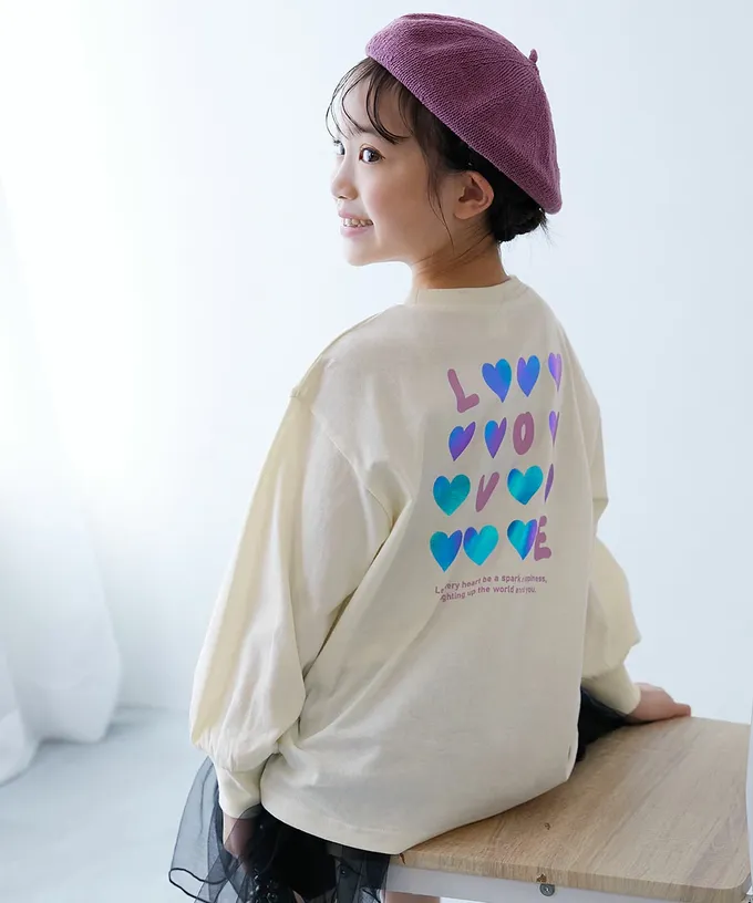 日本 devirock - 100%棉 閃亮金屬印花長袖上衣-LOVE愛心-白