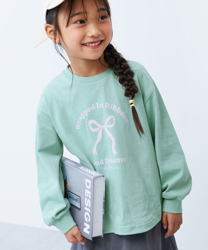 日本 devirock - 100%棉 定番女孩印花長袖上衣-蝴蝶結-羅蘭紫