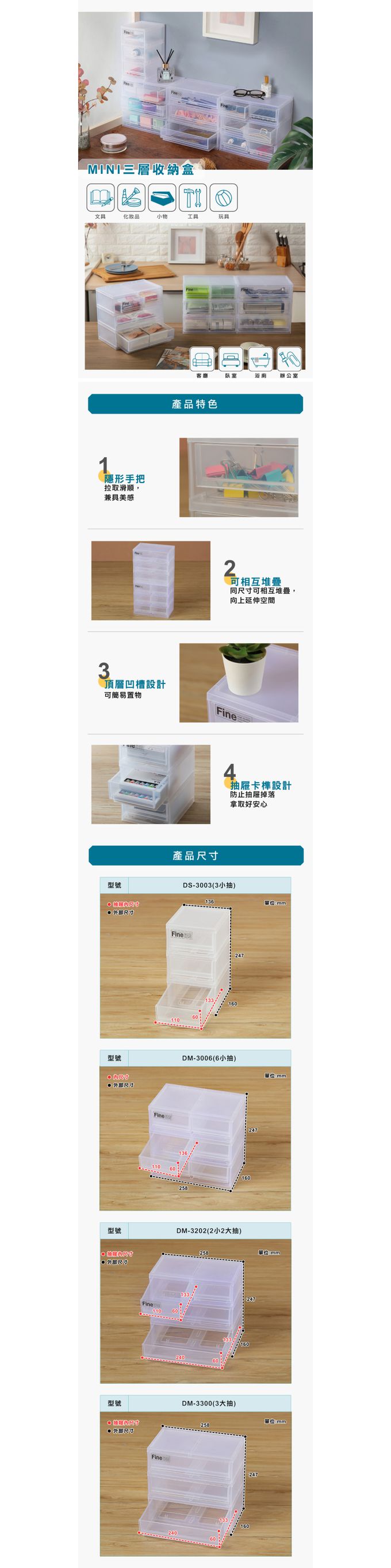 台灣KEYWAY - DM3300 MINI三層收納盒(M)-3大抽