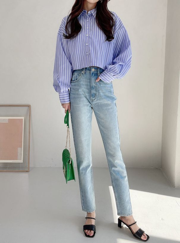 日本 GRL - 休閒短版直條紋落肩襯衫-淺灰棕 (F)