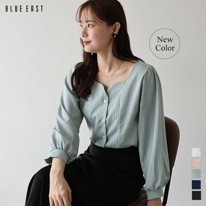 日本 BLUE EAST - 甜美心型領線條紋理長袖襯衫-杏橘