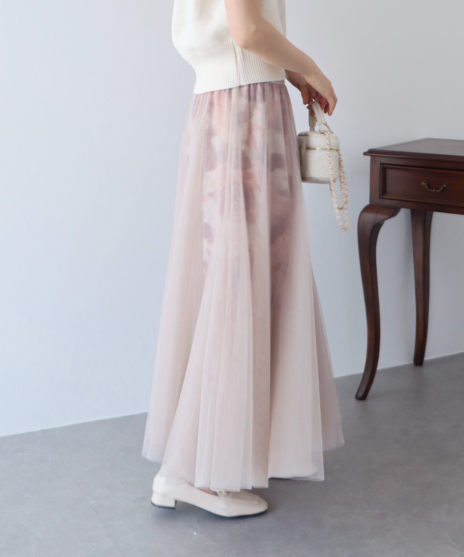 日本 BLUE EAST - 浪漫印花雙層紗裙-卡其