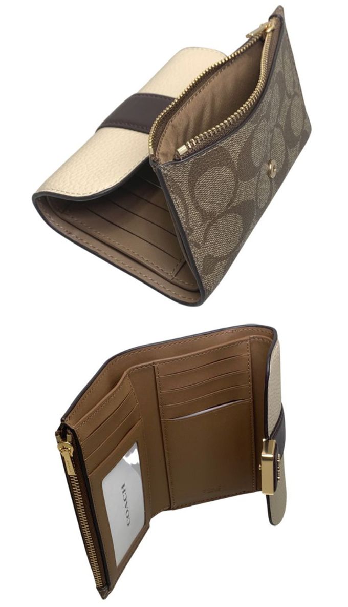 COACH - 馬車LOGO拼接皮革中夾 (卡其白)