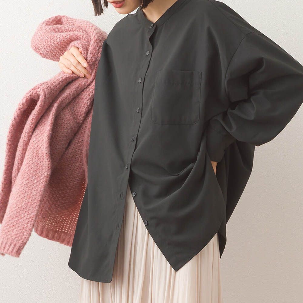 柔滑科技棉 小立領長袖襯衫-黑