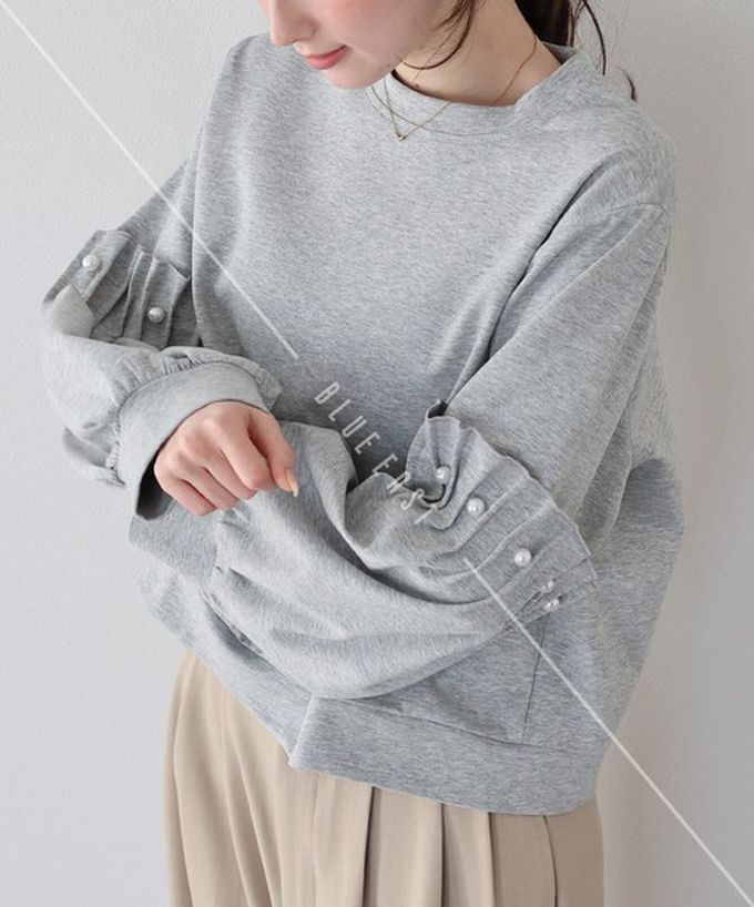 日本 BLUE EAST - 可愛珍珠皺摺造型寬版長袖上衣-白