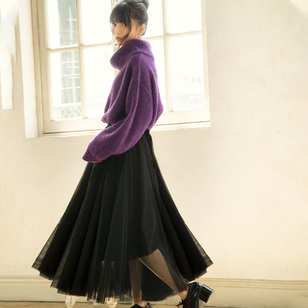 日本 GRL - 飄逸顯瘦雙層傘紗裙-經典黑 (M)