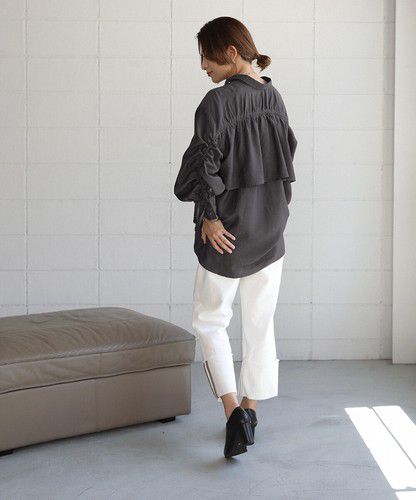 日本 Bou Jeloud - 個性抽繩設計長袖襯衫-淺墨綠