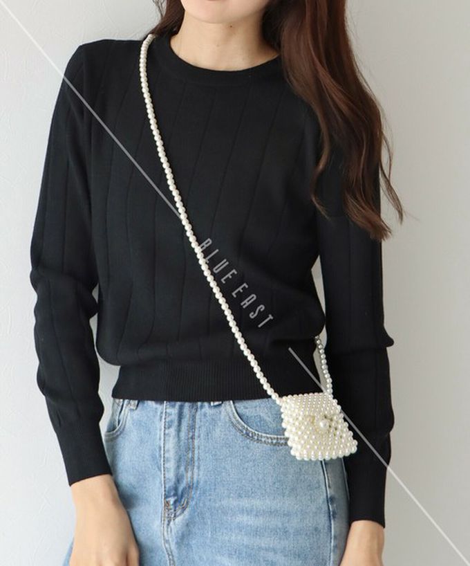 日本 BLUE EAST - 圓領粗坑條長袖針織上衣-奶油杏