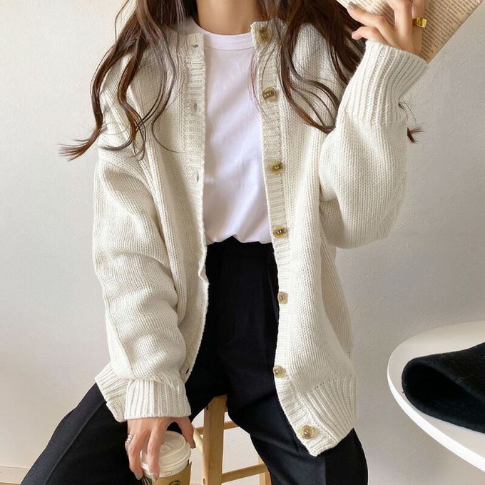 日本 Classical Elf - 雙面穿寬鬆針織鈕釦開襟衫-淺摩卡