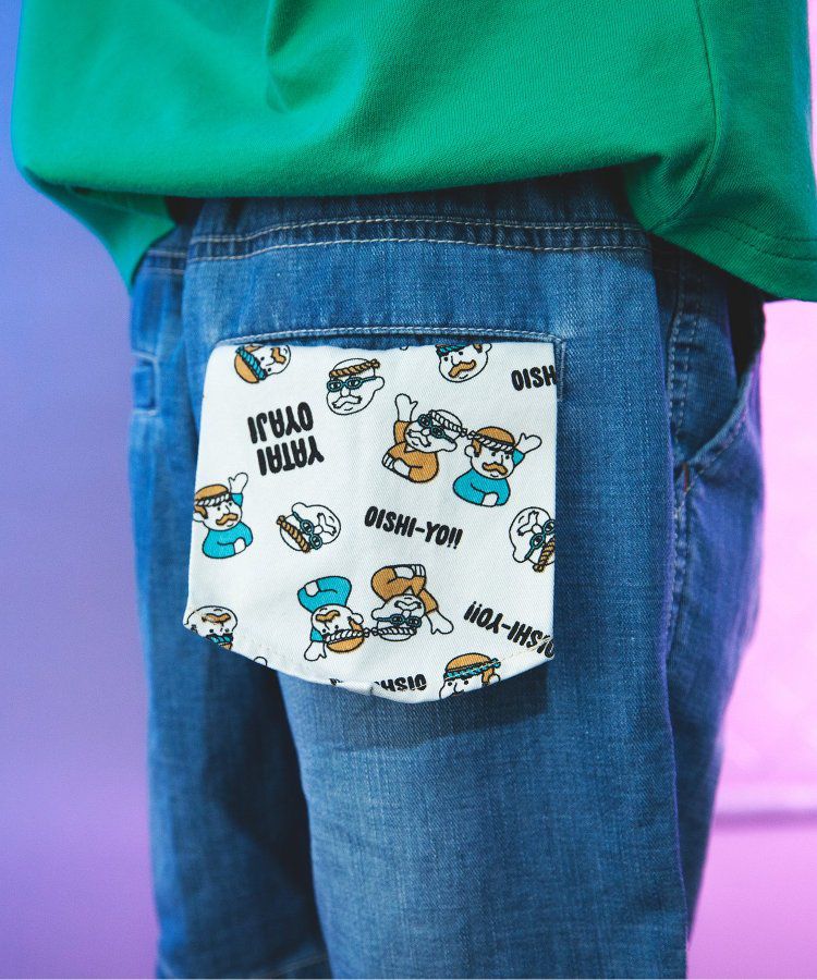 日本 BREEZE - 夏日祭典逗趣刺繡手巾牛仔短褲-幽默師匠-淺藍