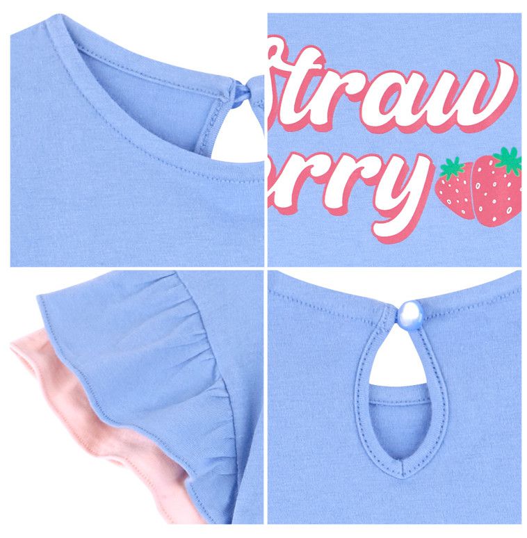 韓國 HEJMINI - 荷葉袖草莓直筒洋裝-藍