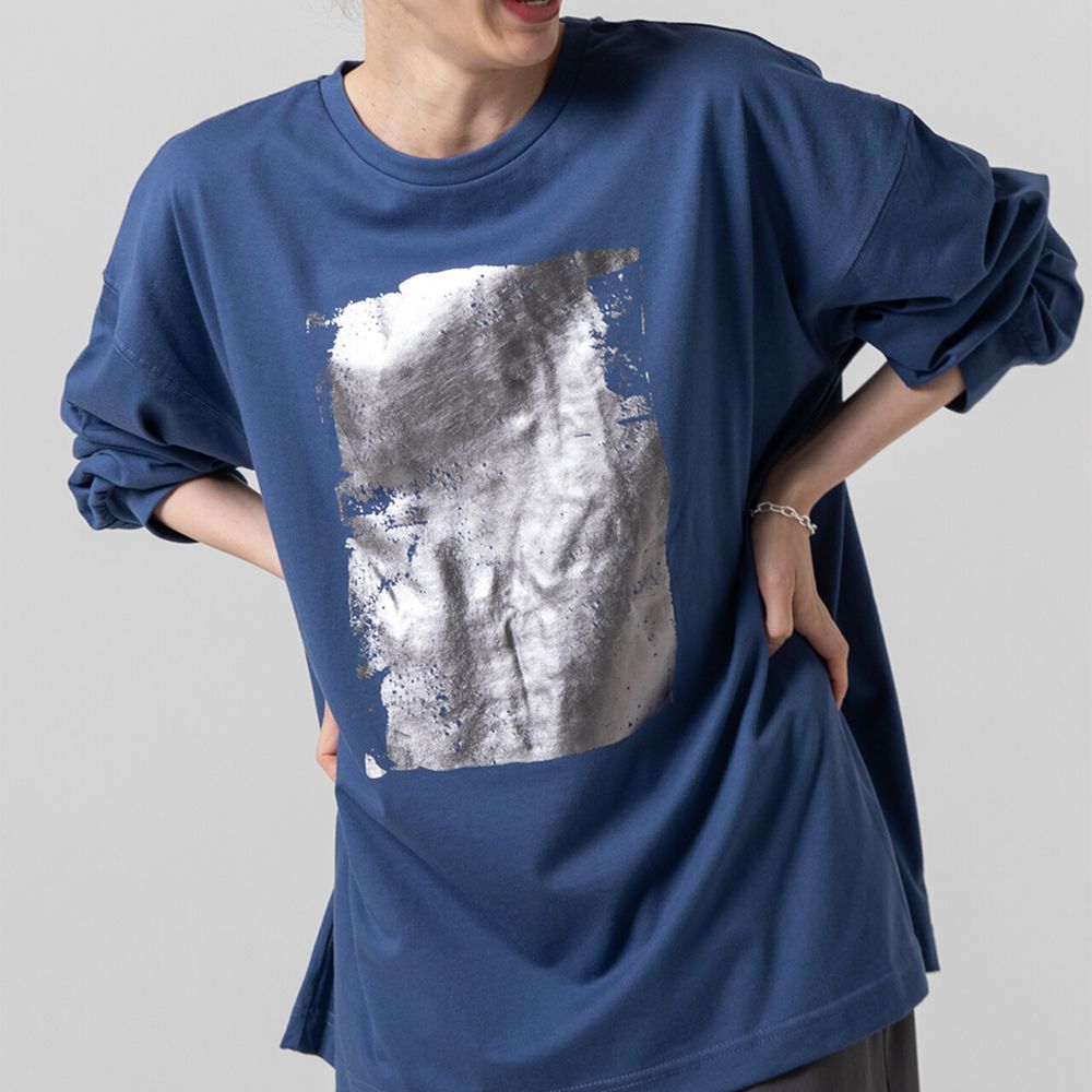 燙金時尚光澤廓形寬版長袖上衣-藍x銀