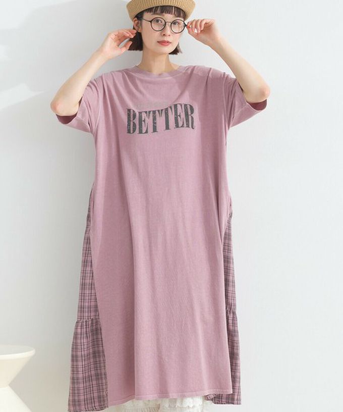 日本 Lupilien - 復古寬鬆格紋拼接短袖洋裝-BETTER-炭黑