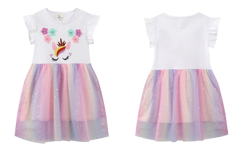 Jumping meters - 圓領小飛袖網紗洋裝-繽紛眨眼獨角獸-白色