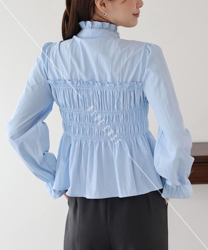 日本 BLUE EAST - 小立領荷葉皺摺束腰長袖襯衫-白