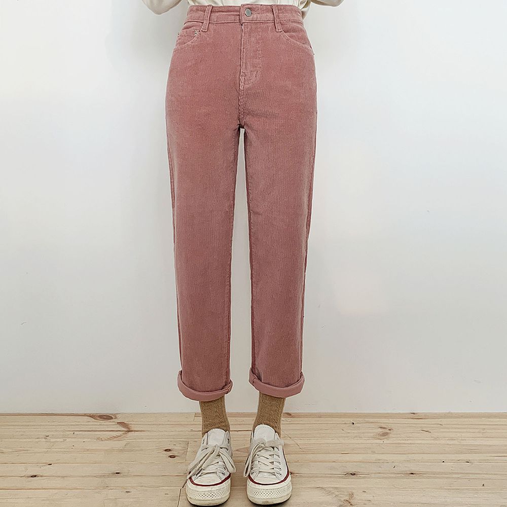 韓國 ENVYLOOK - 燈芯絨修身直筒褲-粉紅