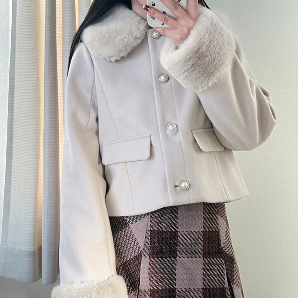 小奢華毛絨領寶石釦短版外套-(領可拆)-米白