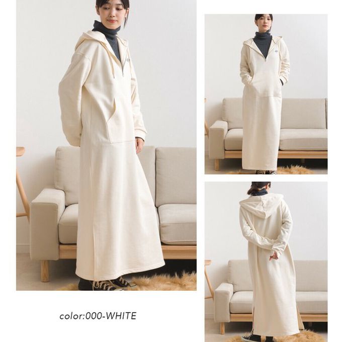 日本 OMNES - 休閒刺繡logo裏毛連帽長袖洋裝-米白