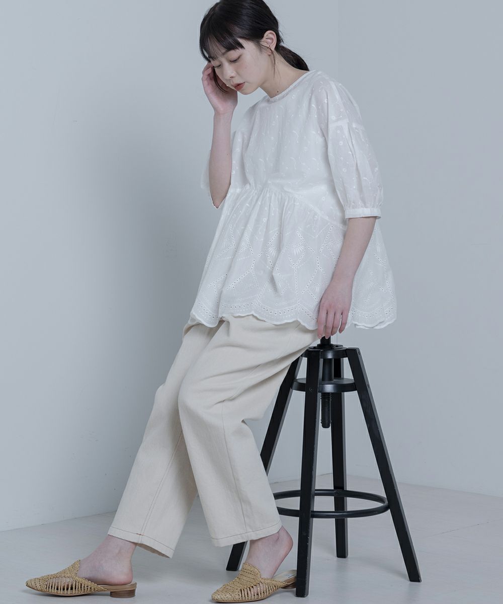 日本 Bou Jeloud - 印度棉前後兩穿刺繡雕花五分袖澎澎上衣-橘