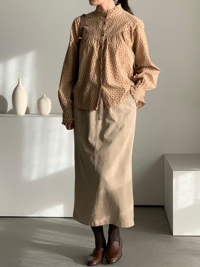 韓國女裝連線 - 滿版小花朵燈芯絨長袖襯衫-卡其 (FREE)