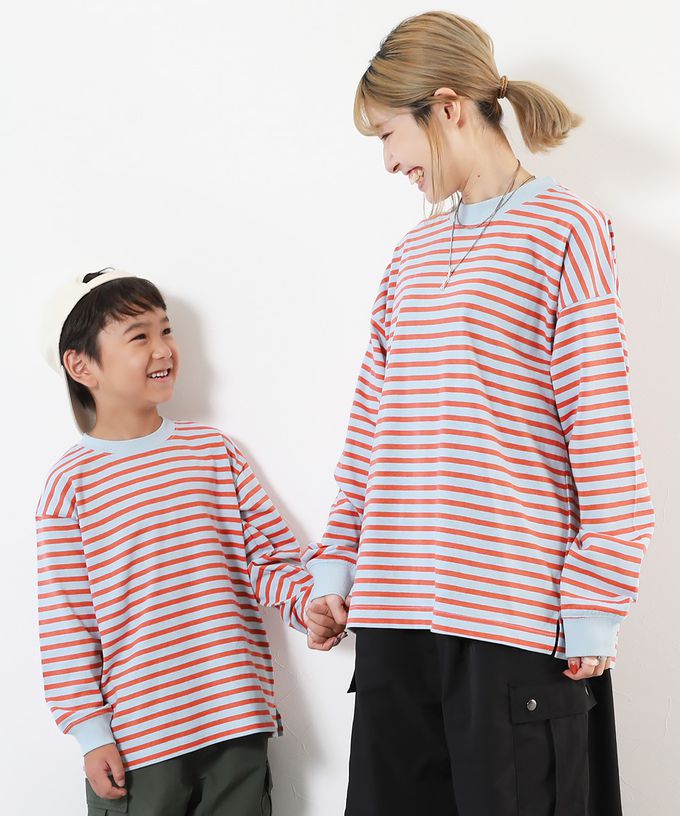 日本 devirock - 100%棉 百搭條紋長袖上衣-灰綠x黃