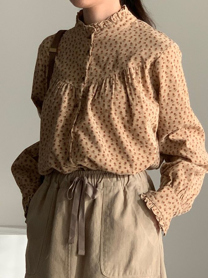 韓國女裝連線 - 滿版小花朵燈芯絨長袖襯衫-卡其 (FREE)