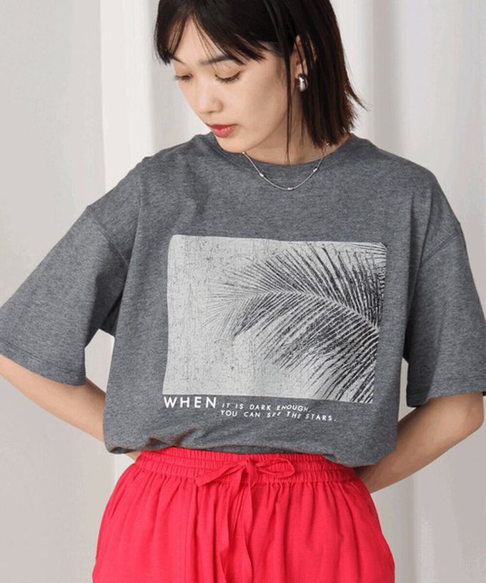 日本 Bab - 100%棉 清新夏日樹葉印花T恤-黑