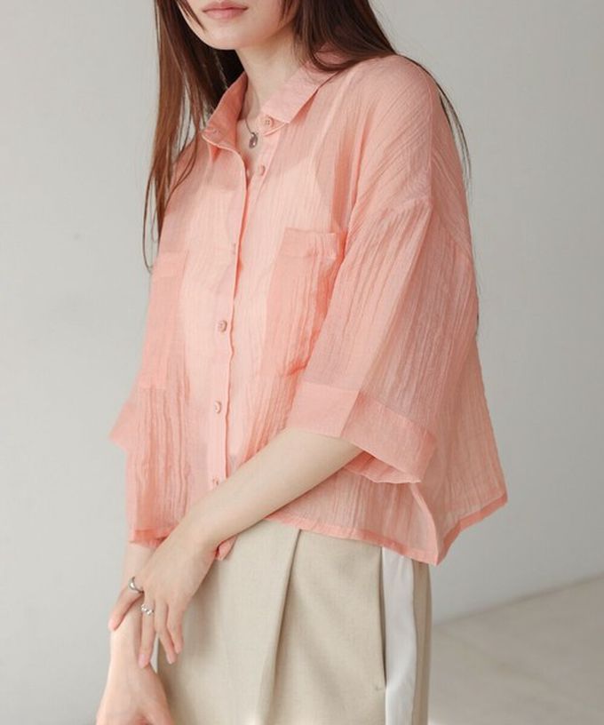 日本 Bab - 透膚感清爽短版五分袖襯衫-卡其棕 (M)