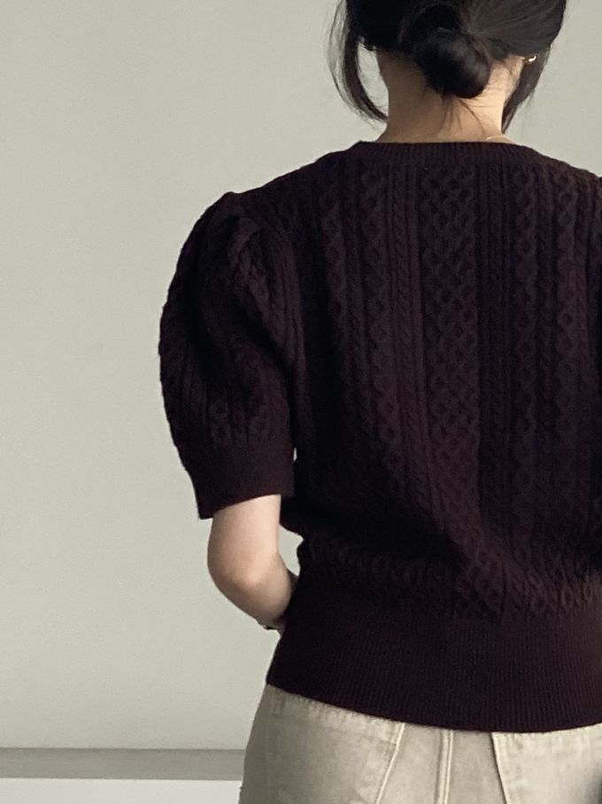 韓國女裝連線 - 麻花辮編織五分袖針織上衣-咖啡紅 (FREE)