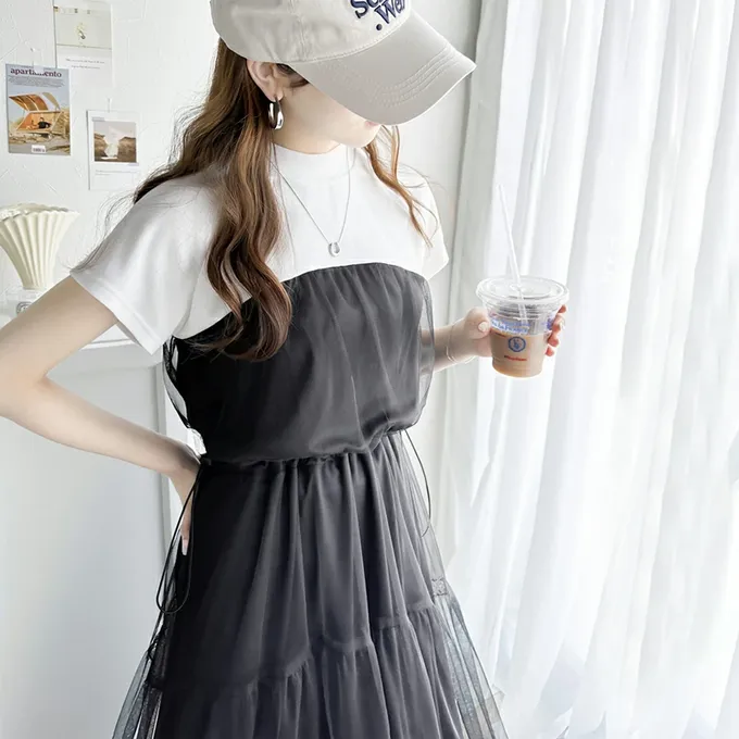 日本 Classical Elf - 顯瘦抽繩薄紗拼接法式袖洋裝-黑系