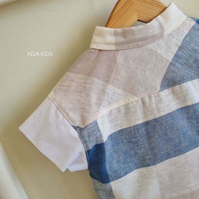 韓國 AIDA - 休閒風格子短袖翻領襯衫-藍X米