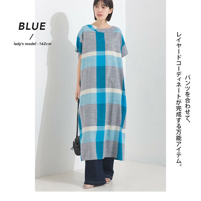 日本 OMNES - 100%印度棉 清爽格紋短袖洋裝-黑白