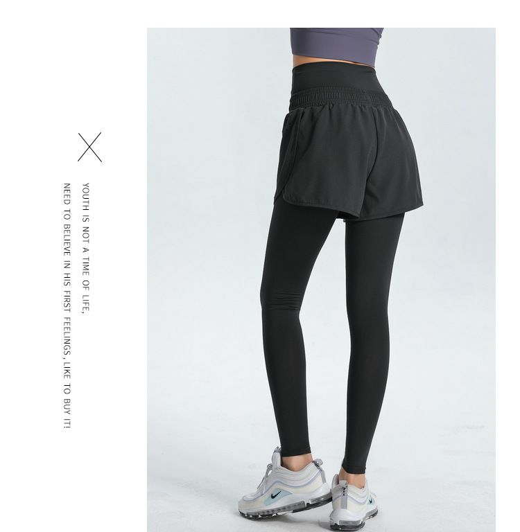 大碼高腰收腹假兩件防走光瑜珈褲-黑色