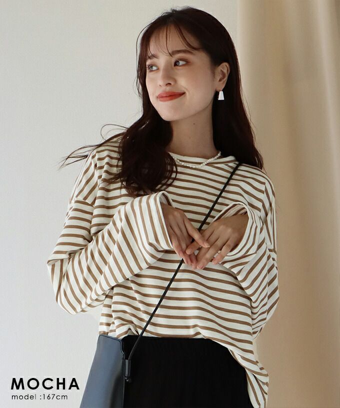 日本 BLUE EAST - 百搭落肩休閒長袖上衣-條紋-軍綠