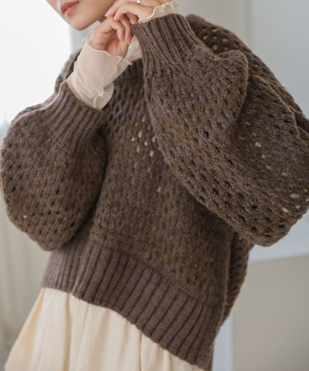 日本 Bab - 混羊毛設計感網格針織上衣-摩卡