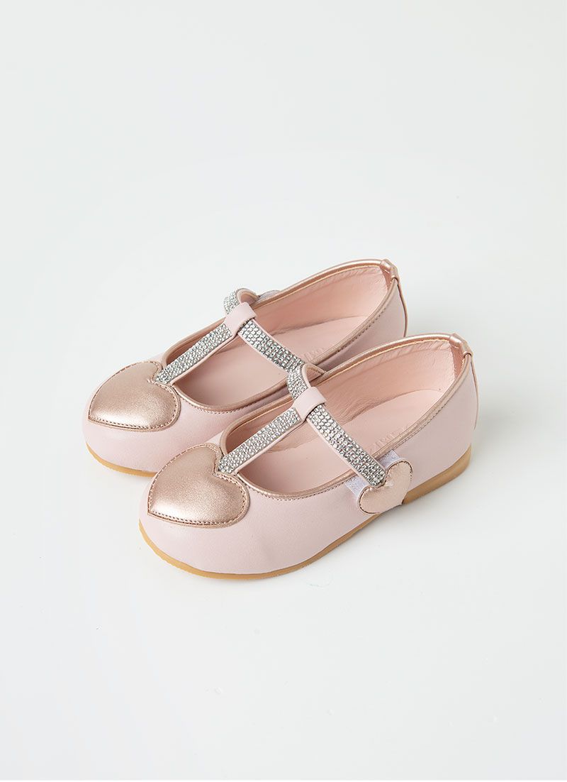 韓國 OZKIZ - 細鑽點綴愛心魔鬼氈皮鞋-淺粉