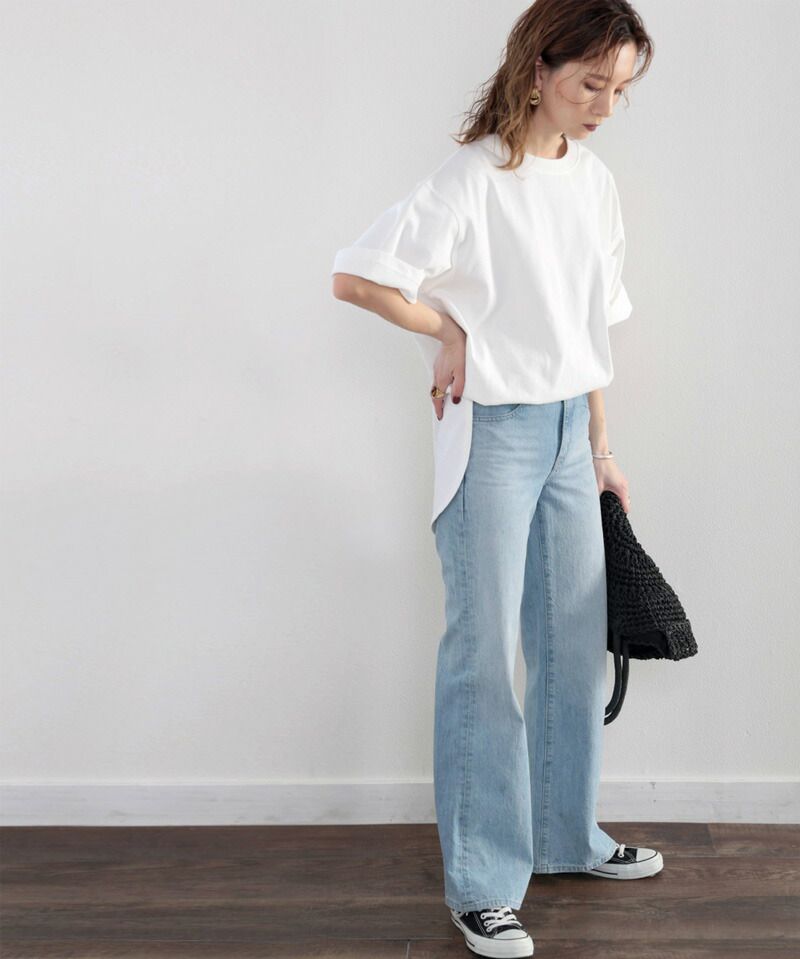 日本 Classical Elf - 100%美國棉厚磅落肩長版短袖上衣-藍綠