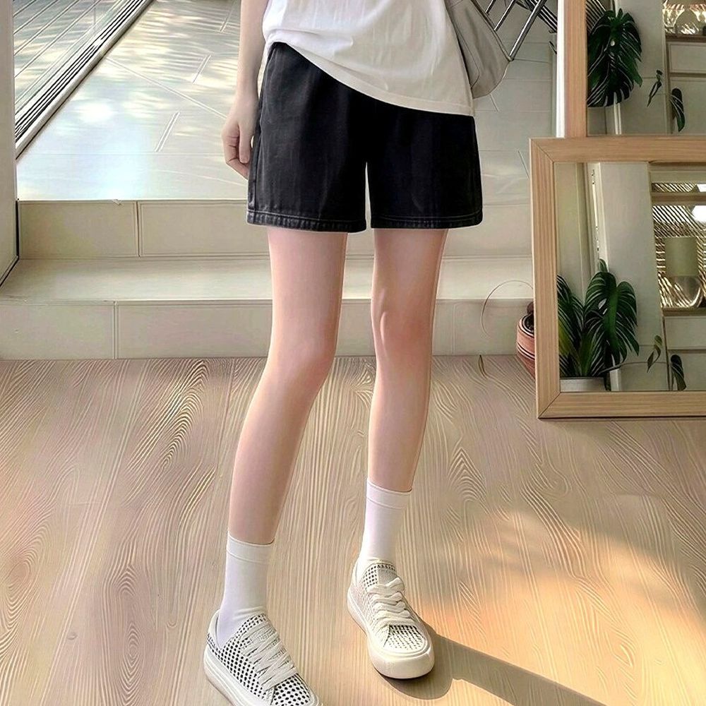 接觸涼感冰絲顯瘦丹寧短褲-黑