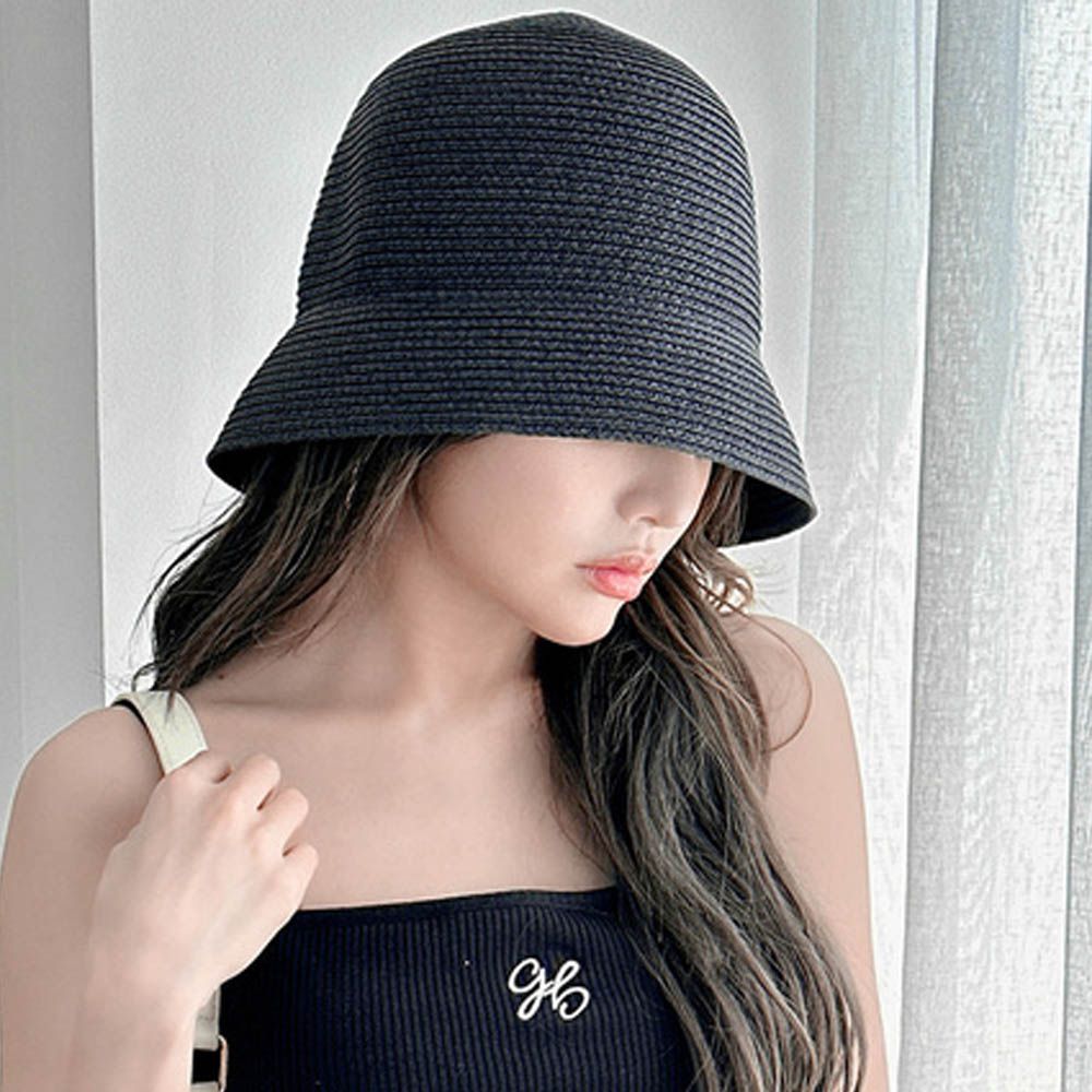 藤編風鐘型遮陽漁夫帽-黑 (F)