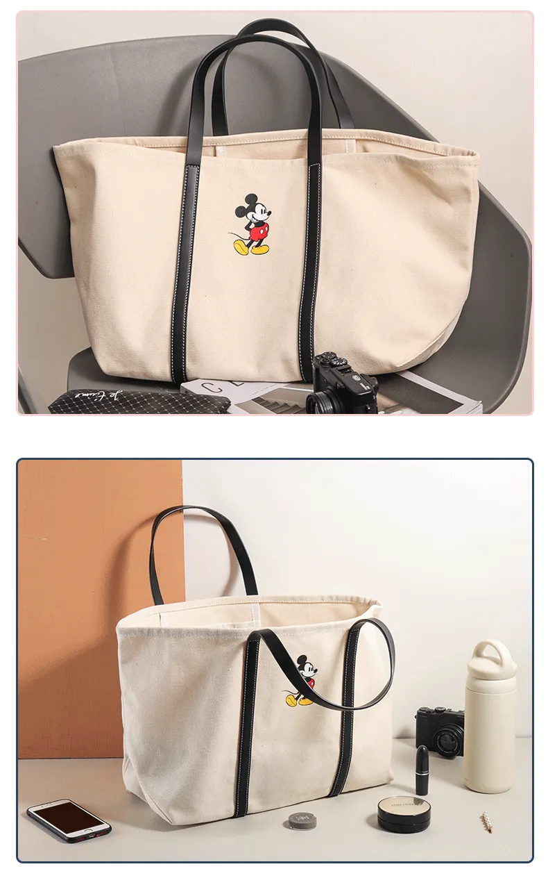 大容量單肩/手提帆布托特包-卡通米奇-米白色