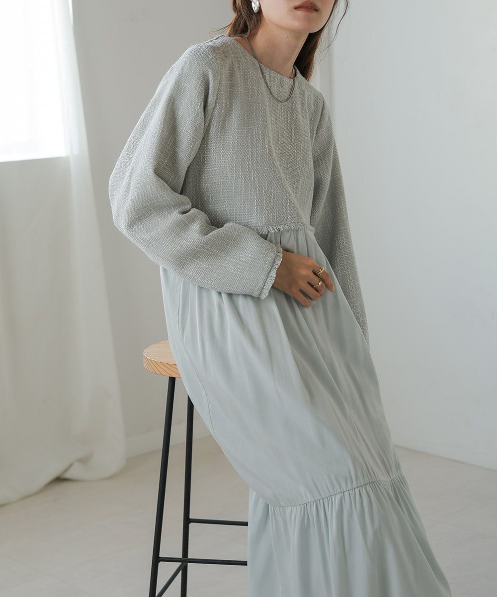 日本 Bab - 仙氣花呢異材質拼接長袖洋裝-黑