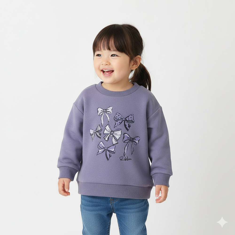 裏起毛俏皮印花長袖上衣-O好多蝴蝶結-深紫