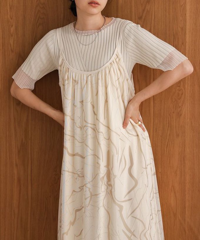 日本 Bab - 大理石印花雙層薄紗細肩帶洋裝-象牙白 (Ｍ)