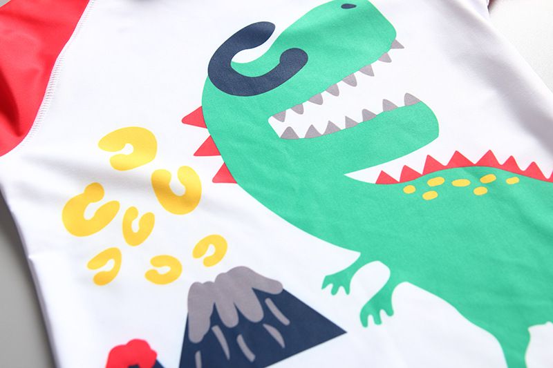 男寶長袖泳裝套裝(附帽子)-快樂恐龍-紅+白+藍